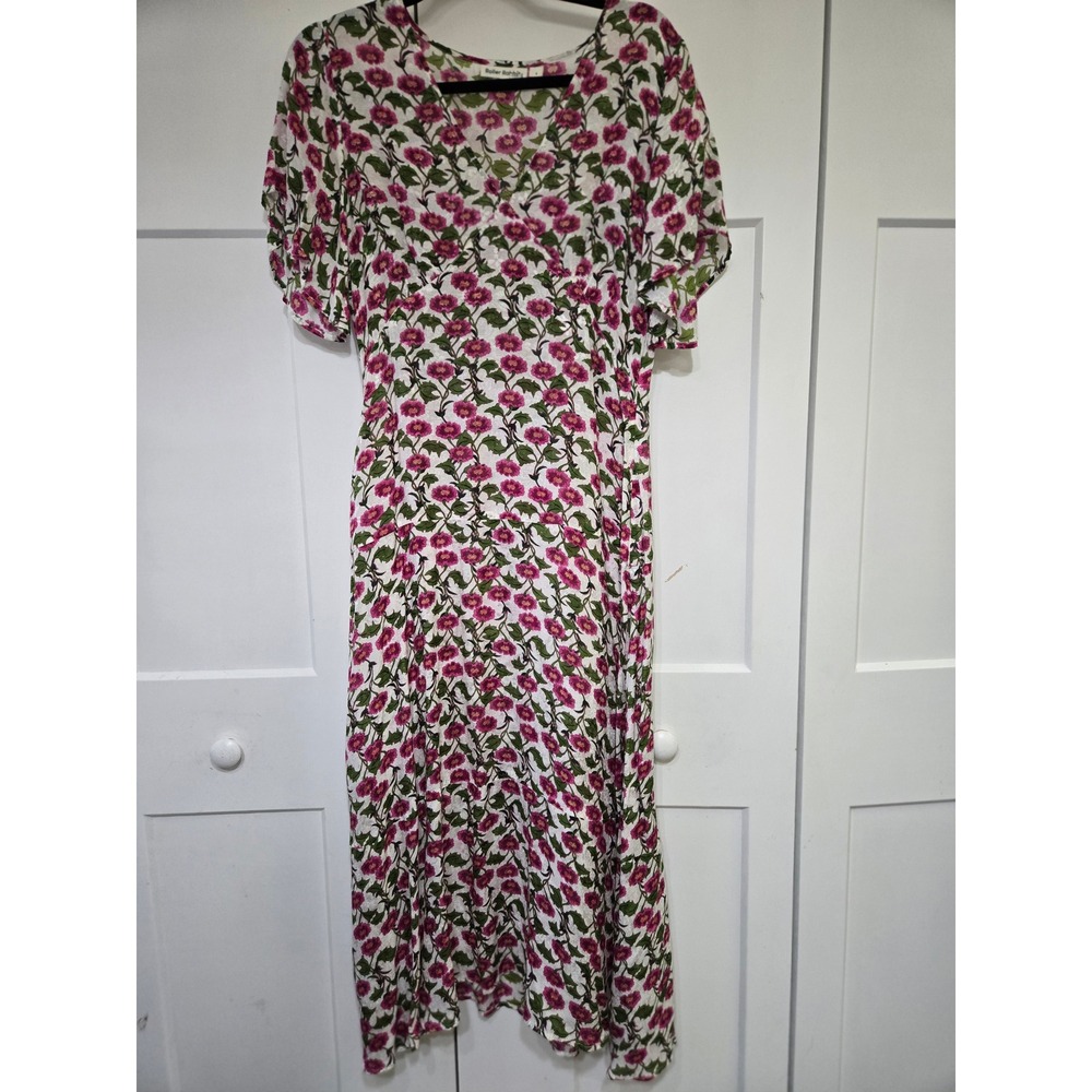 Roller Rabbit Pink Green Floral V-Neck Midi Dress Short Sleeve Size S